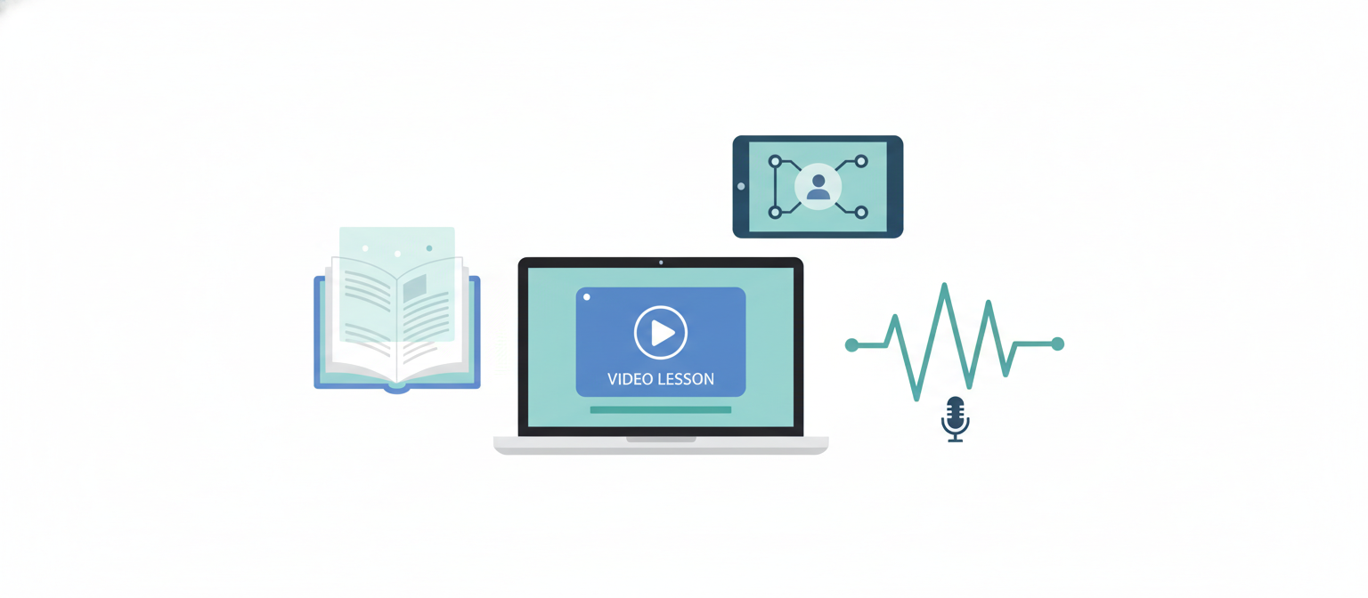 Tipos de infoproduto: e-book, videoaula, podcast e curso online em telas digitais