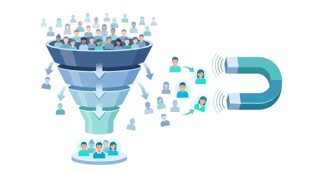 Funil de marketing filtrando o público em leads qualificados para o lançamento digital
