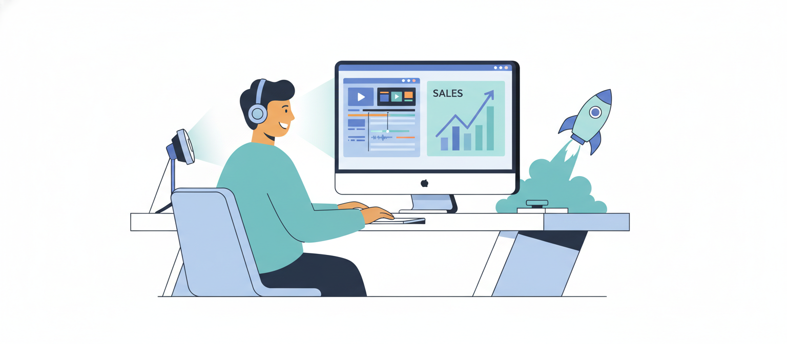 Pessoa criando e lançando um infoproduto: gravação, edição e gráfico de vendas crescendo
